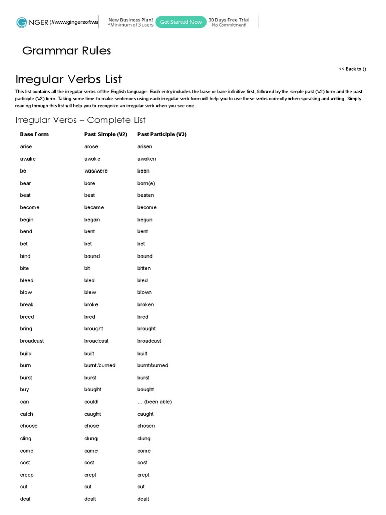 Irregular Verbs List The Complete List Ginger PDF Syntax