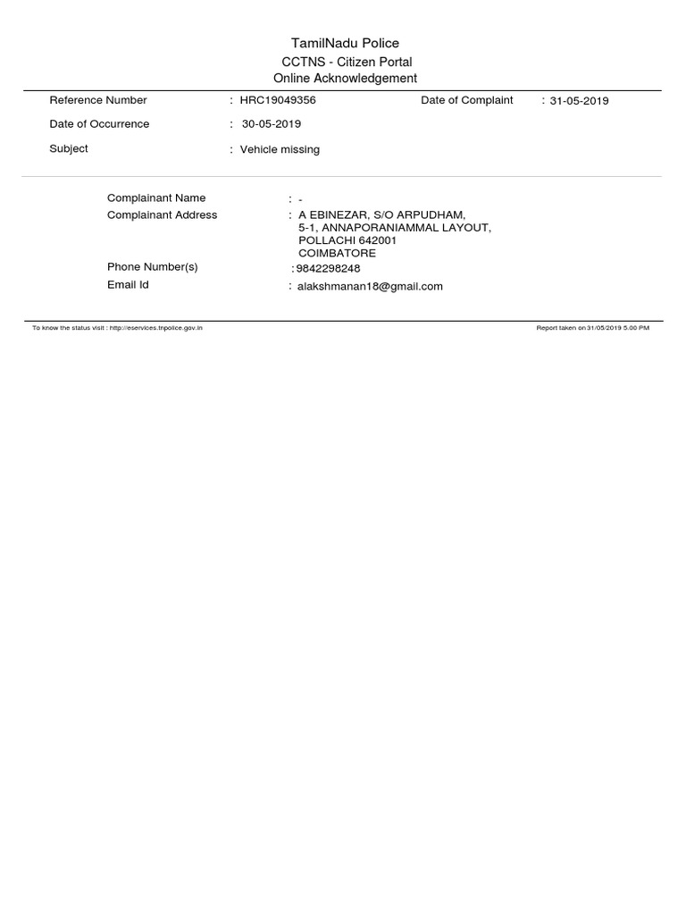 Tamilnadu police online acknowledgement cctns citizen portal pdf