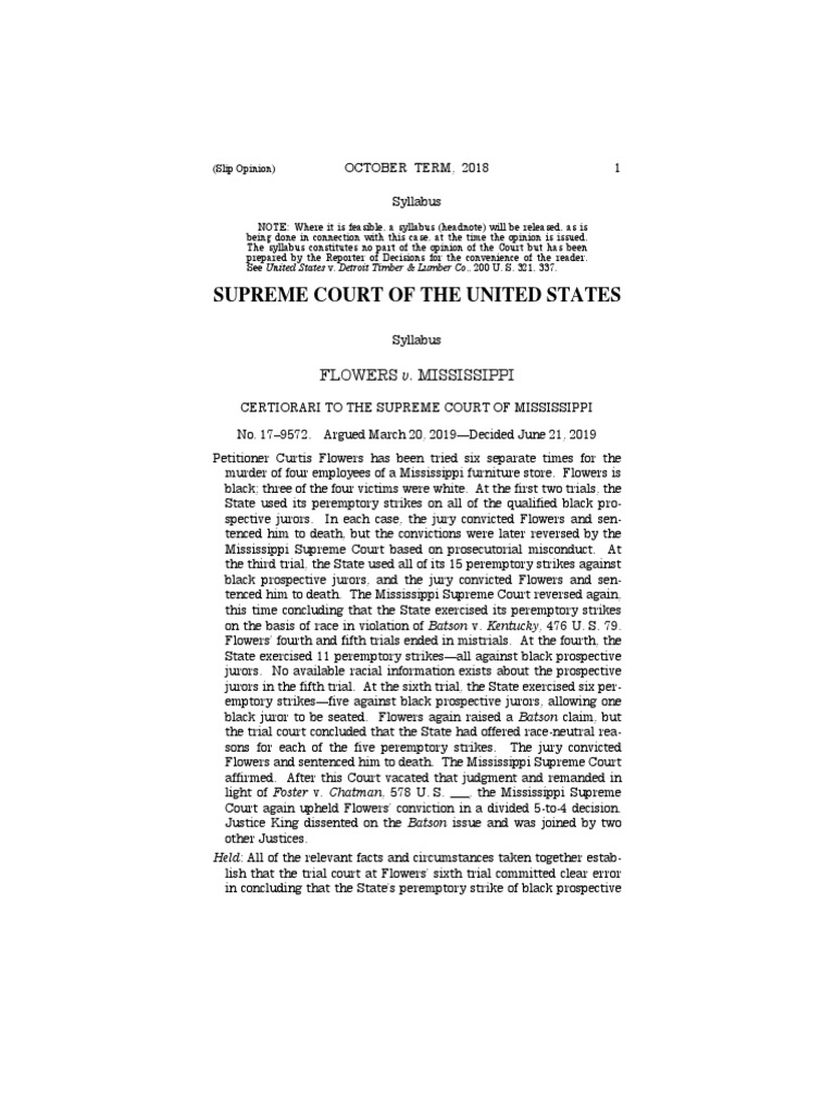 Flowers v. MIssissippi Batson V. Kentucky Peremptory Challenge