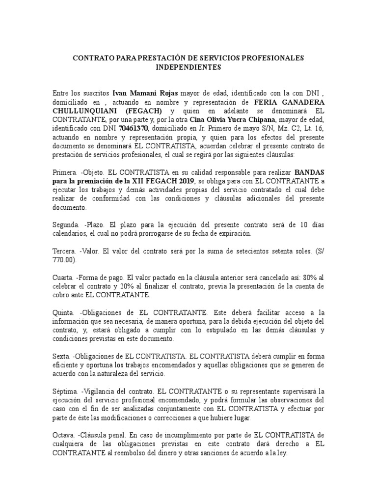 Contrato para Prestación de Servicios Profesionales Independientes | PDF |  Derecho laboral | Información del gobierno