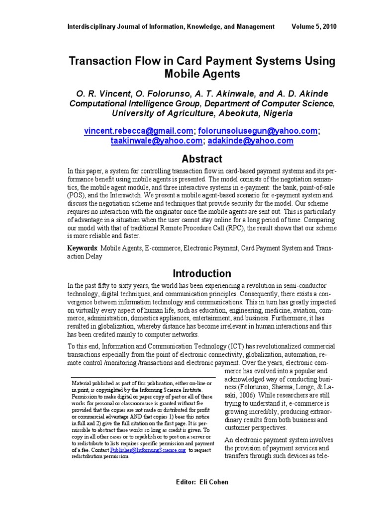 Transaction Flow in Card Payment Systems Using Mobile Agents | PDF ...