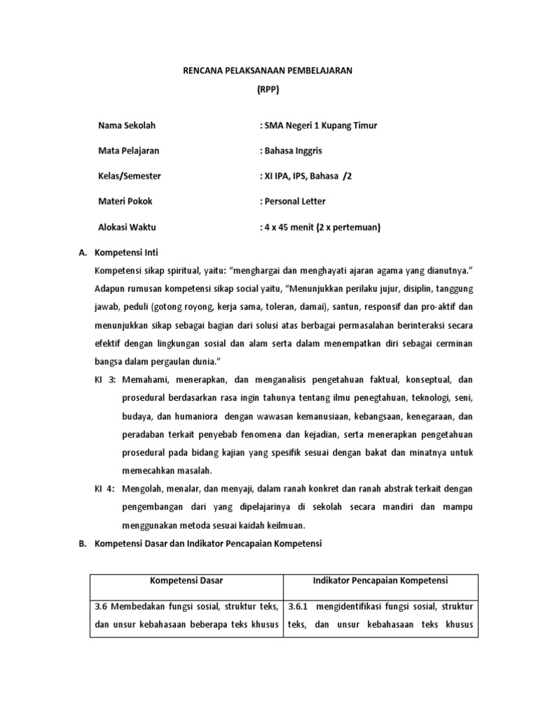 RPP Tugas 2 Personal Letter. Revisi | PDF