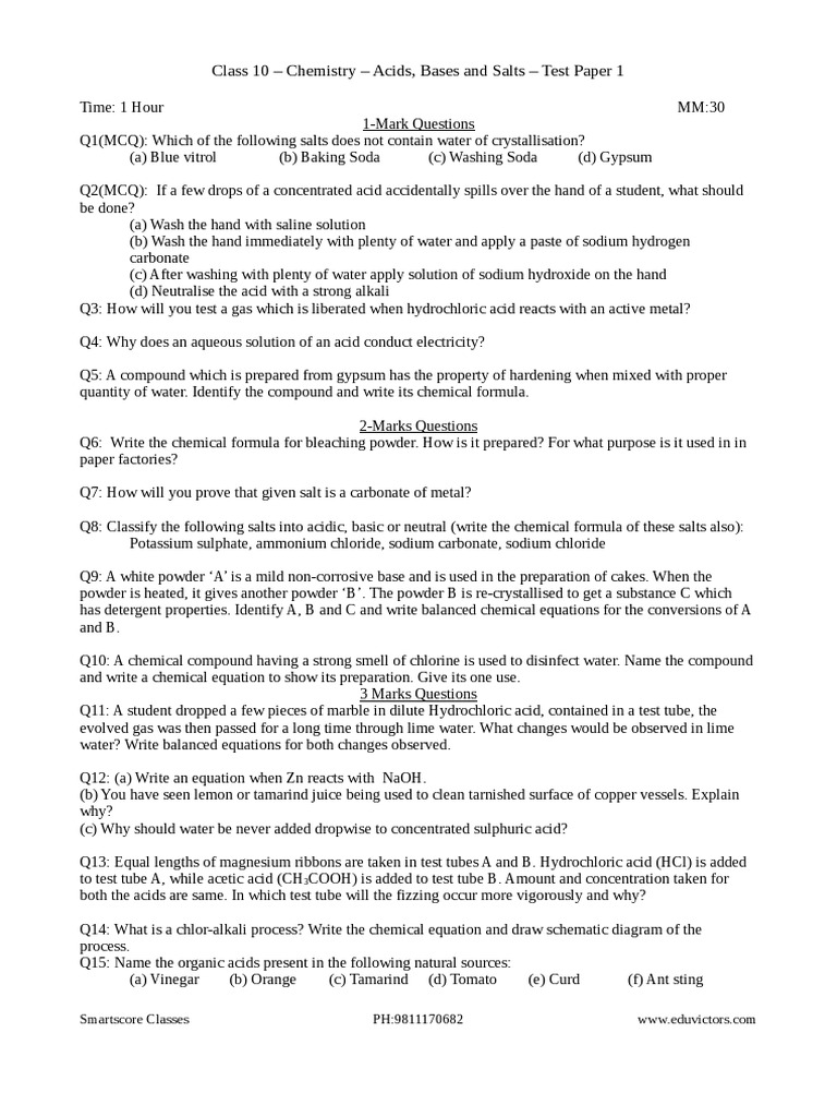 Class 10 Acids, Bases, and Salts Test | PDF | Sodium Chloride | Molecules