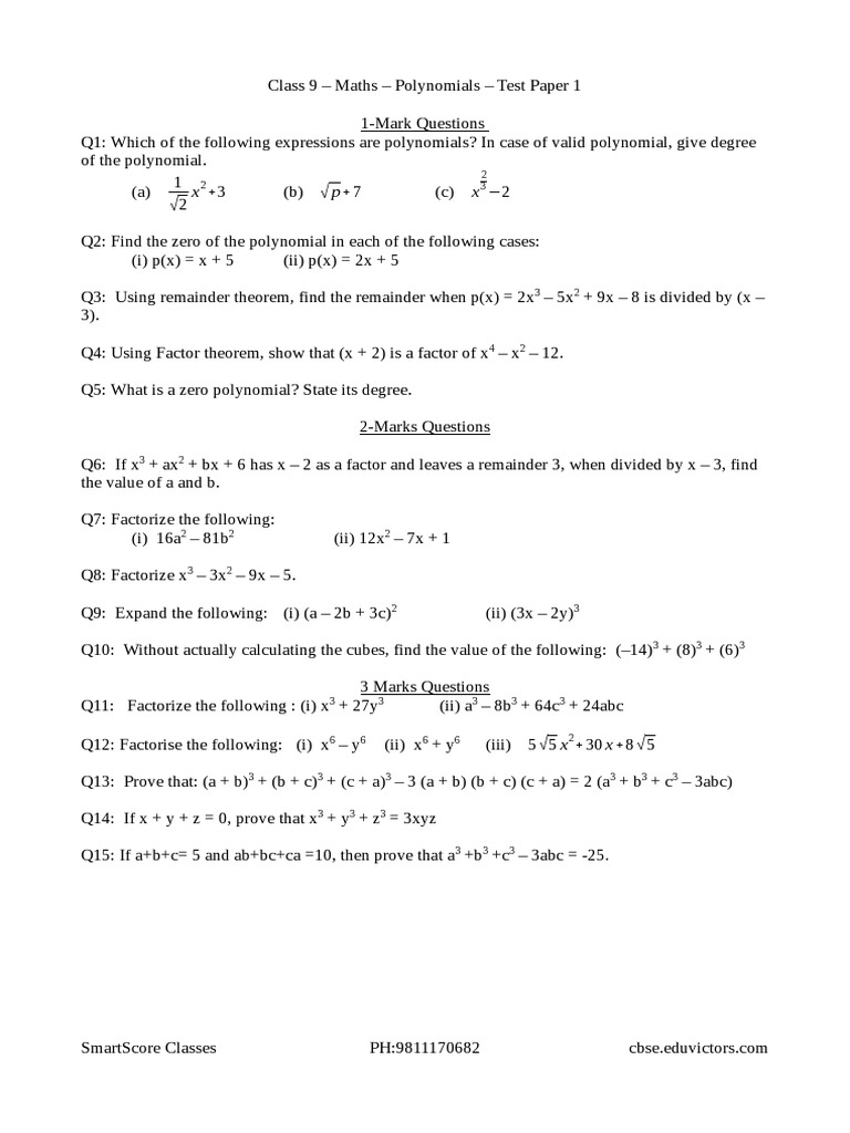 Class 9 Polynomials Test Paper 1 | PDF