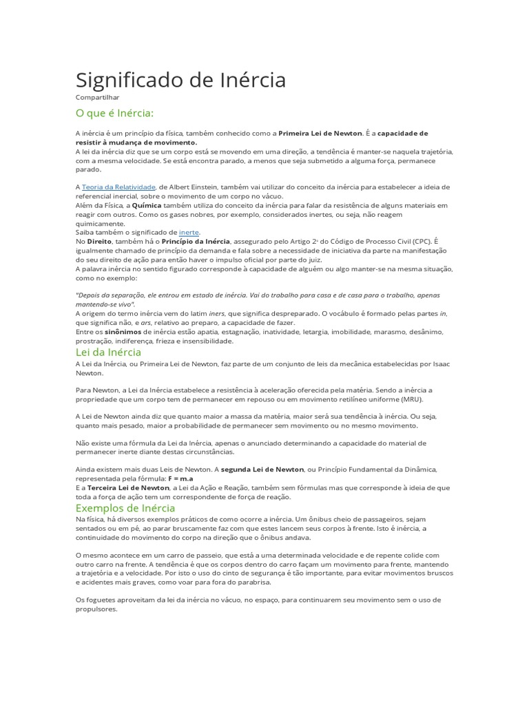 Significado de Inércia | PDF | Inércia | Leis do Movimento de Newton