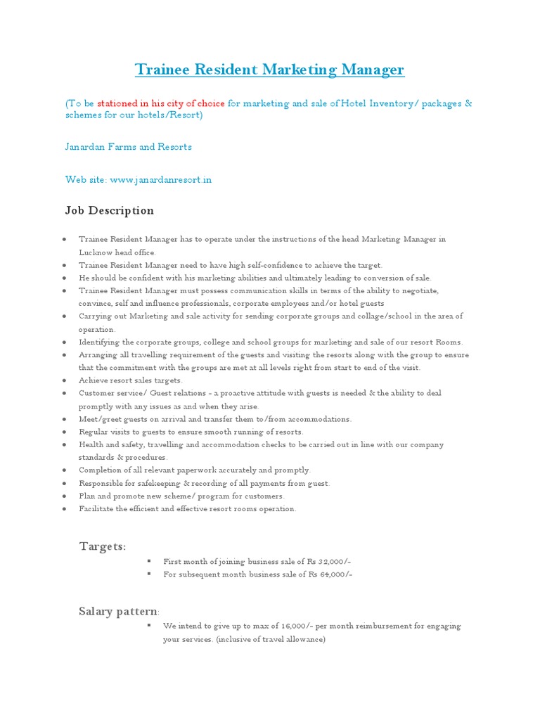 Trainee Resident Manager | PDF | Salary | Marketing