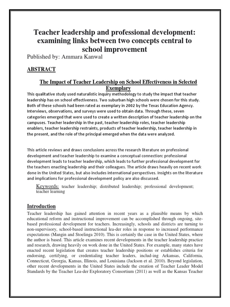 Teacher Leadership and Professional Development | PDF | Leadership ...