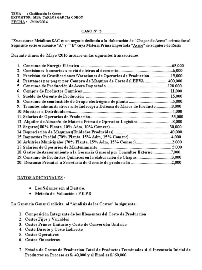 Caso N 3 Clasificacion de Costos Semana 1 | PDF | Economias | Business