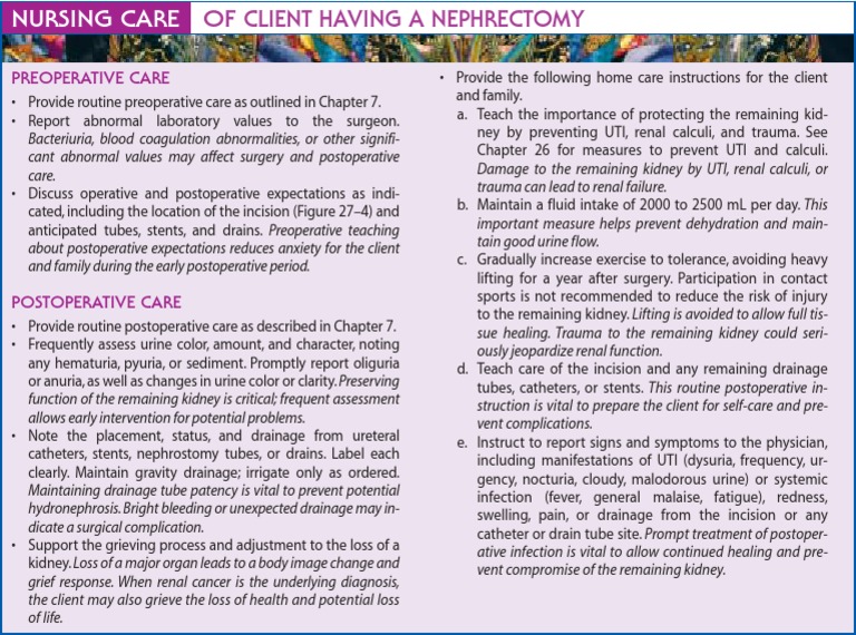 Of Client Having A Nephrectomy Nursing Care PDF Urinary Tract