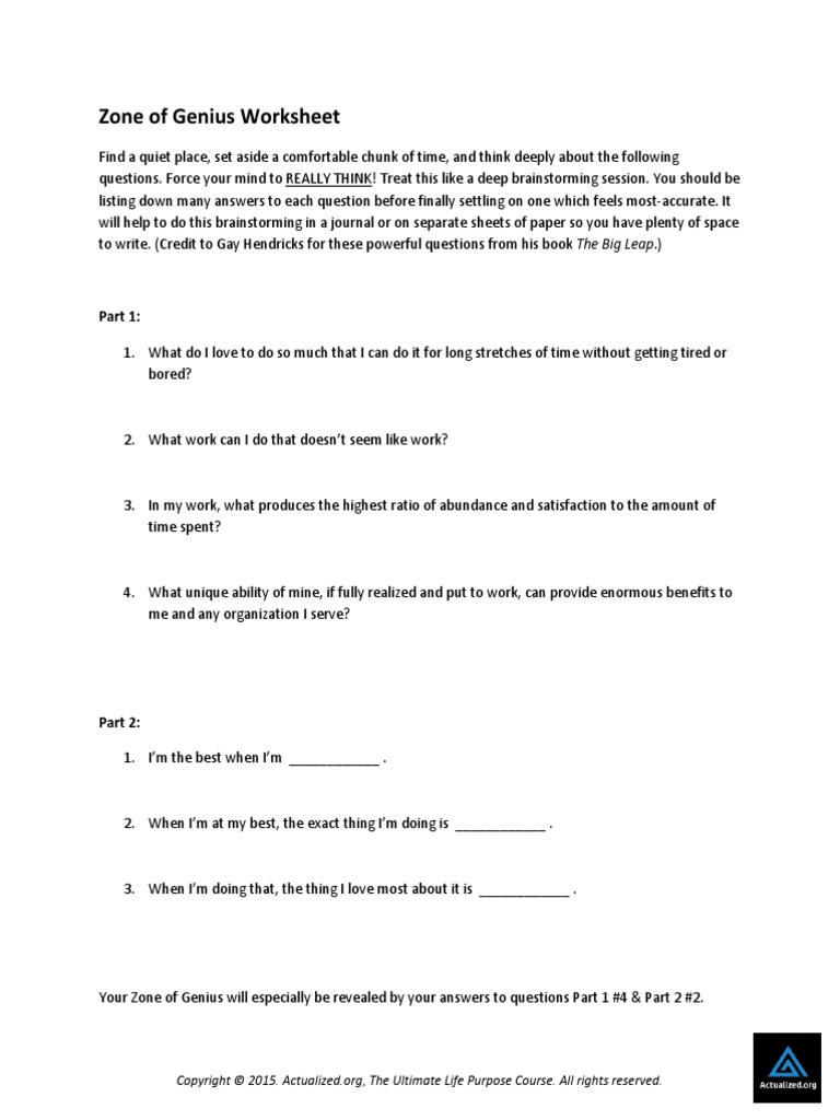 Zone Of Genius Worksheet