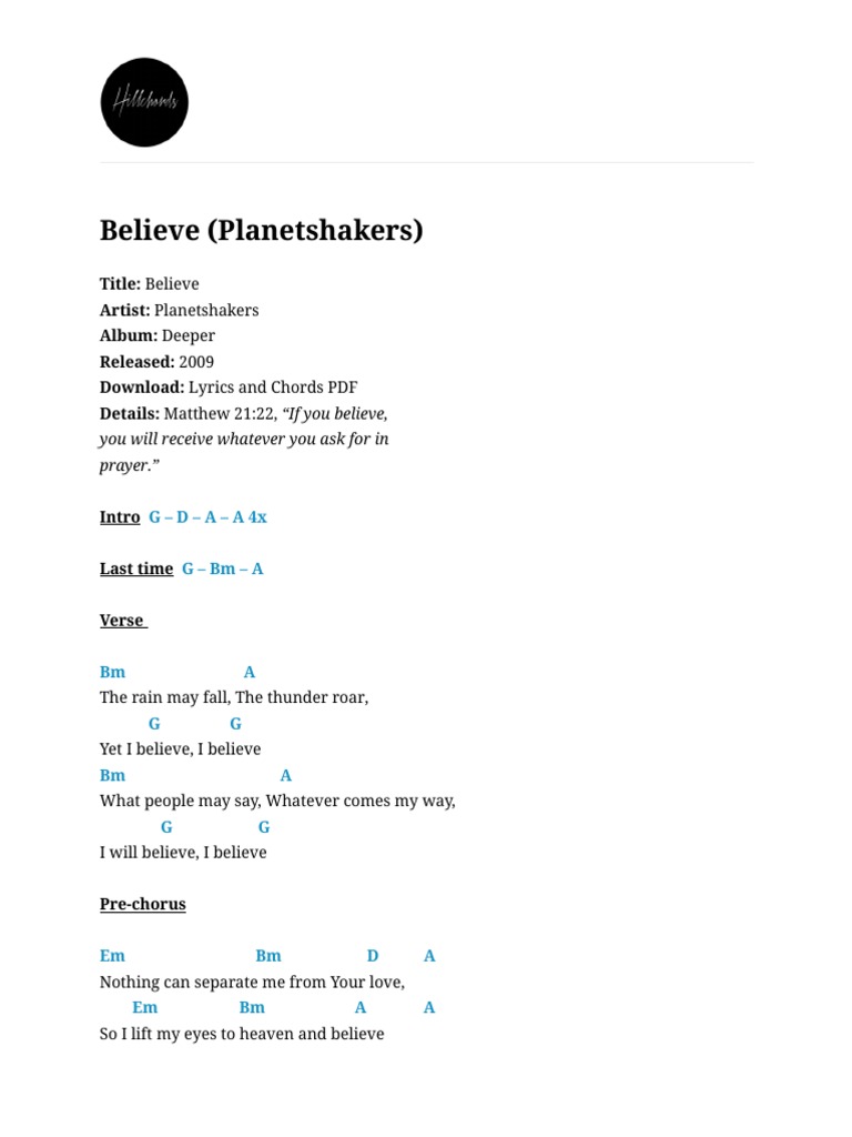 Believe Planetshakers Lyrics Chords And Pdf Download Pdf Song Structure