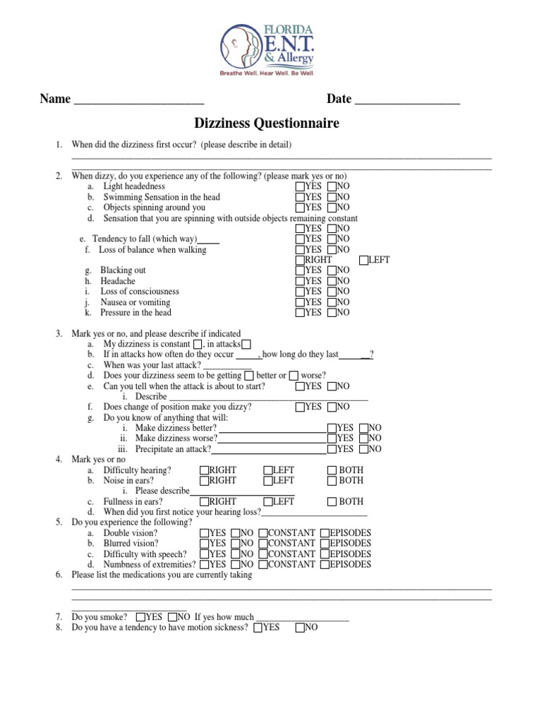 Dizziness Evaluation Questionnaire | PDF | Vertigo | Nervous System