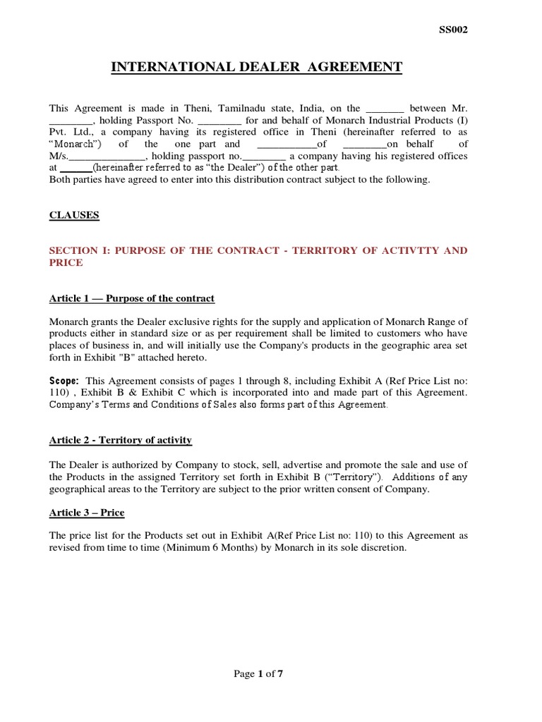 Dealer Agreement International Franchising Contractual Term