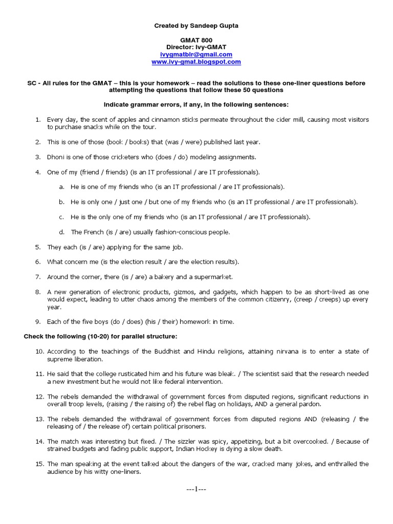 SC - 50 One Liner Questions + Solutions PDF | PDF | Verb | Adjective