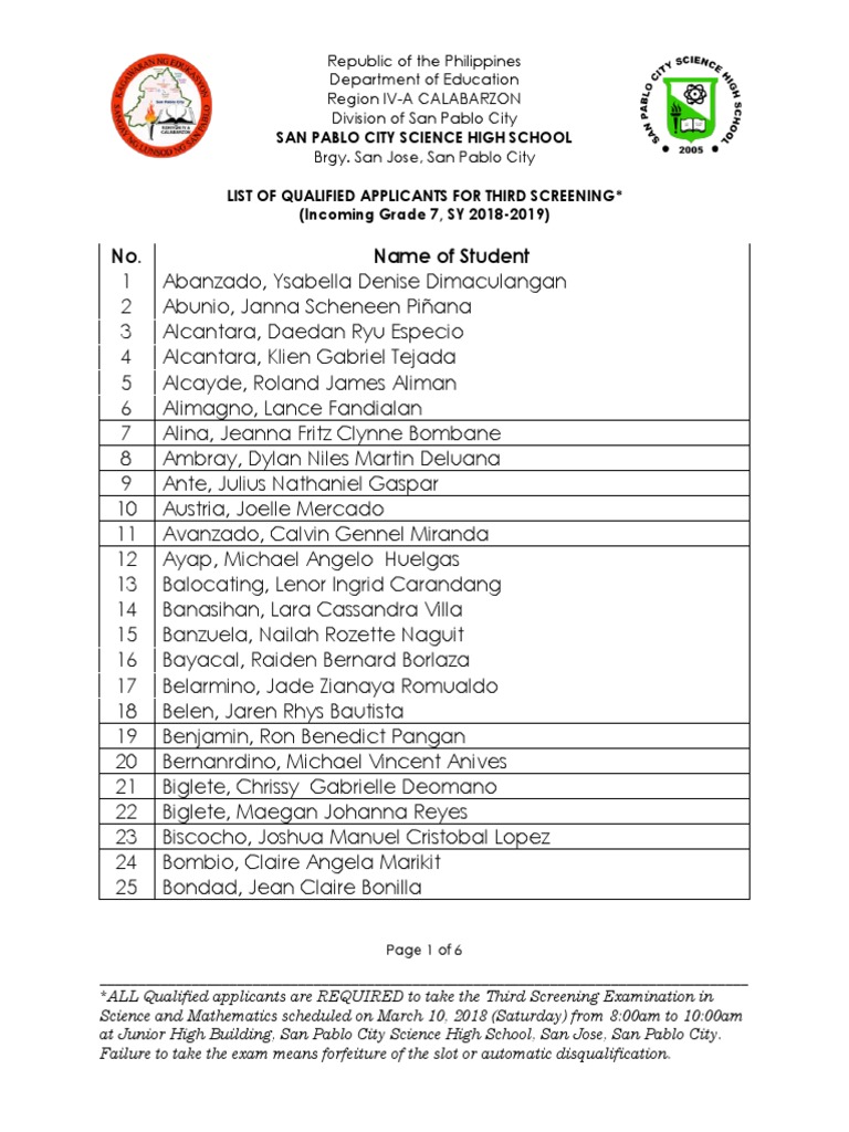 San Pablo City Science High School GR 7 Interview Results PDF Science