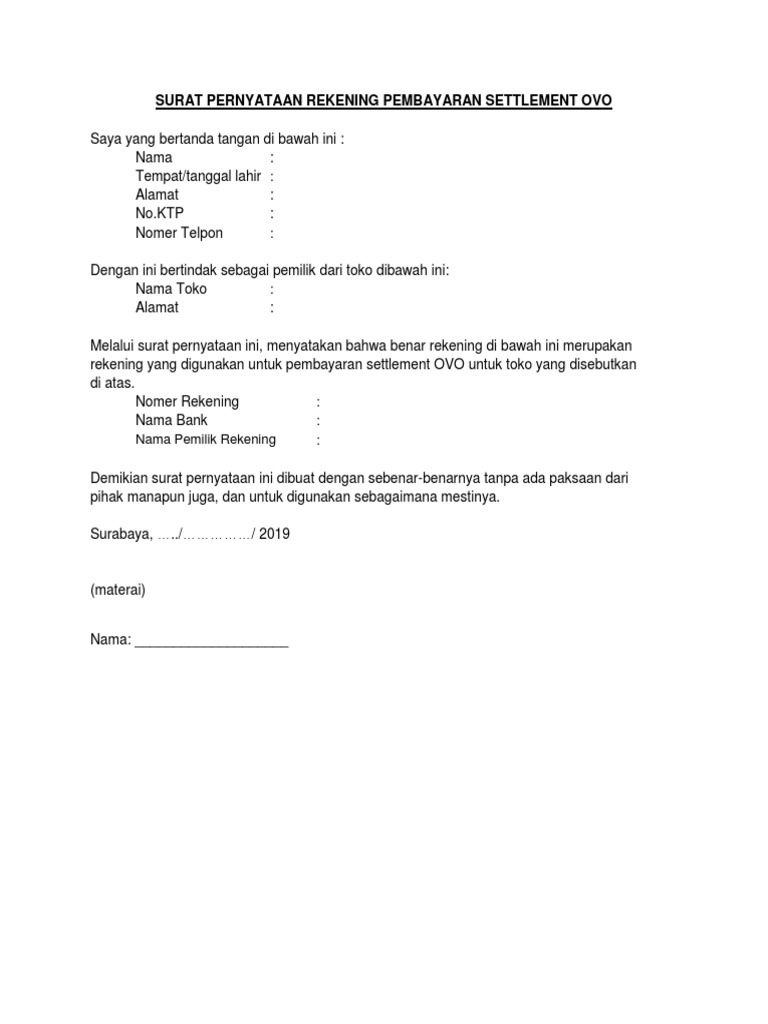 Surat Pernyataan Rekening Pembayaran Settlement Ovo Pdf