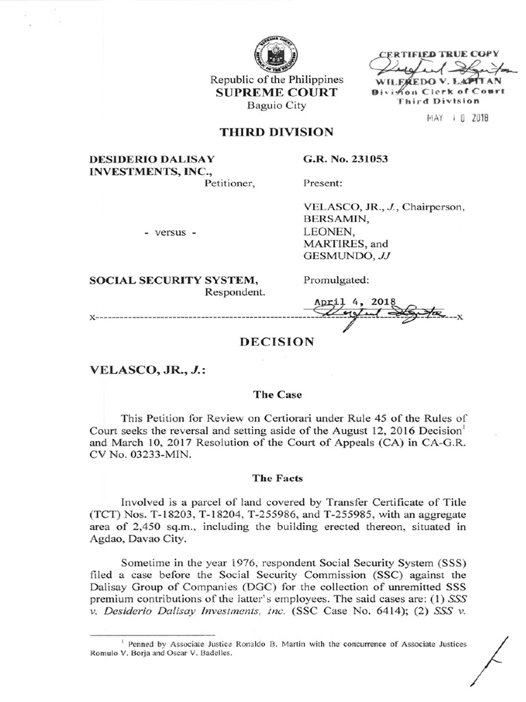 Dalisay Investment Inc. Vs SSS PDF PDF
