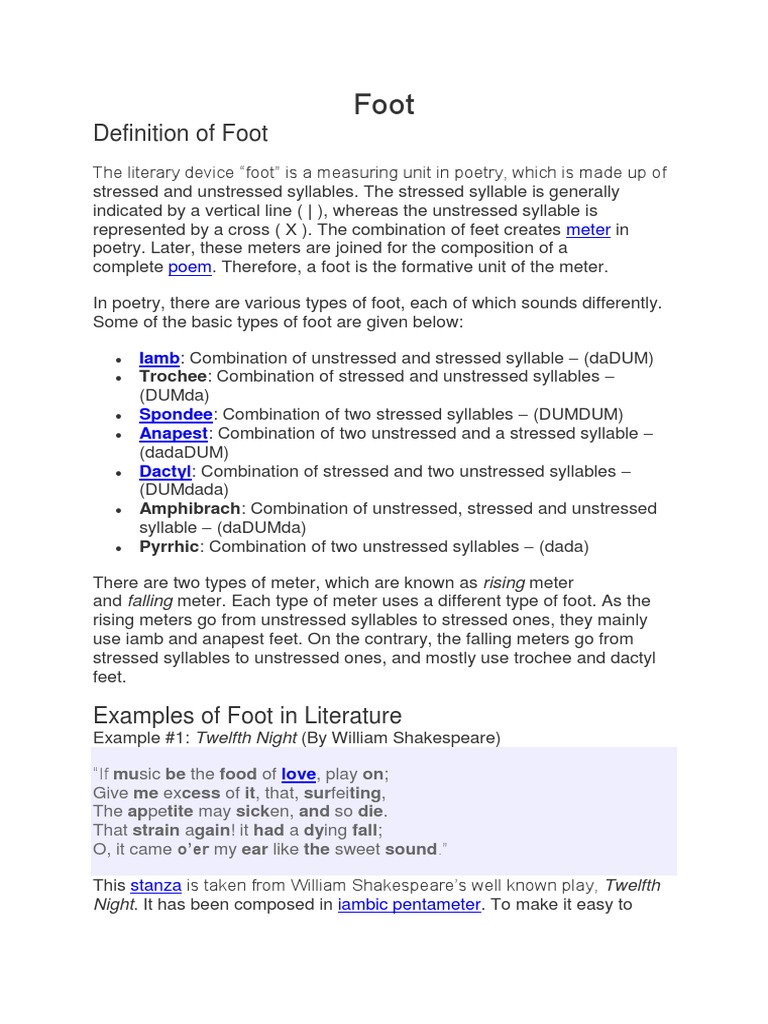 Definition of Foot Meter Poem PDF Metre (Poetry) Poetry