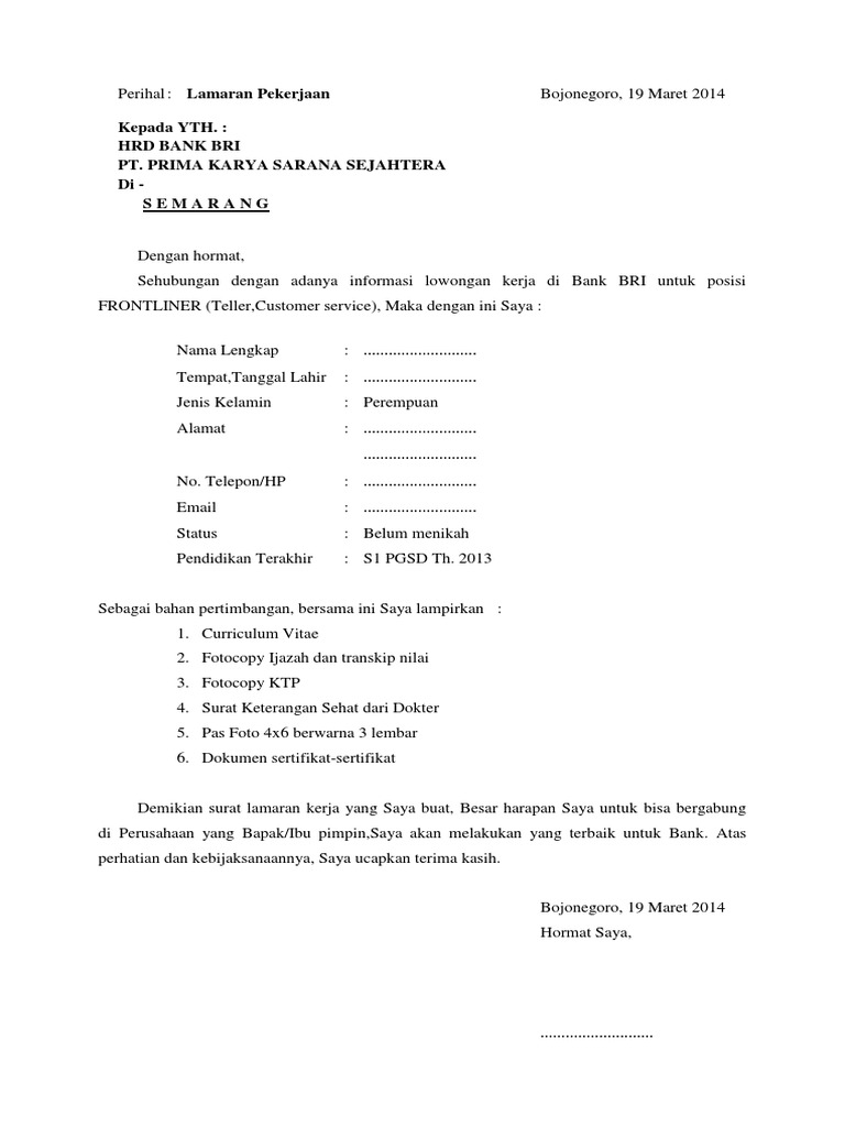 Download 67+ Contoh Surat Surat Lamaran Kerja Bank Bri Gratis Terbaru