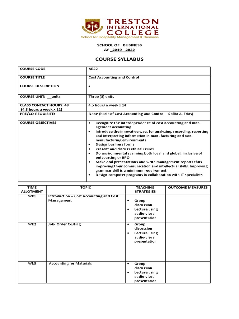 Course Syllabus AE22 Cost Accounting and Control PDF Outsourcing