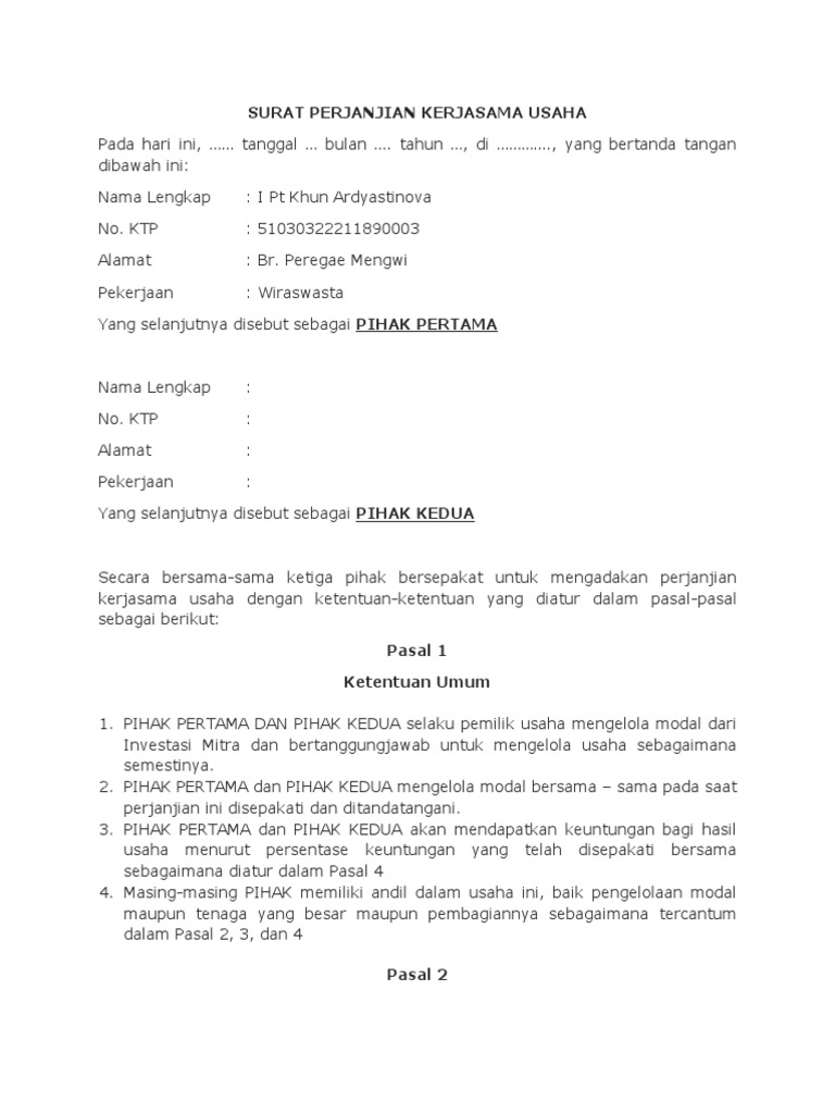 Contoh Surat Perjanjian Pemegang Saham