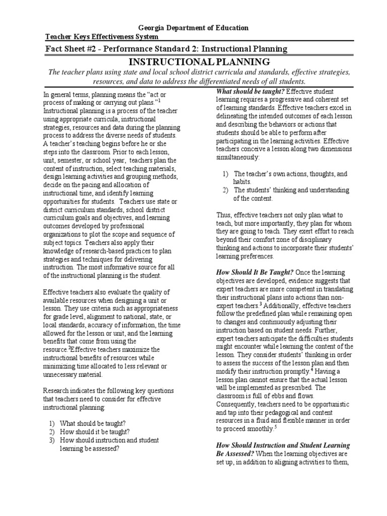 TKES Fact Sheet: Instructional Planning | PDF | Educational Assessment ...