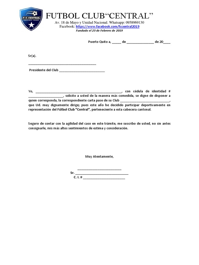 Solicitud De Carta Pase De Jugador PDF C digos De F tbol 