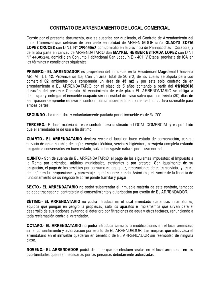 Contrato de Arrendamiento de Local Comercial PDF Alquiler Gobierno
