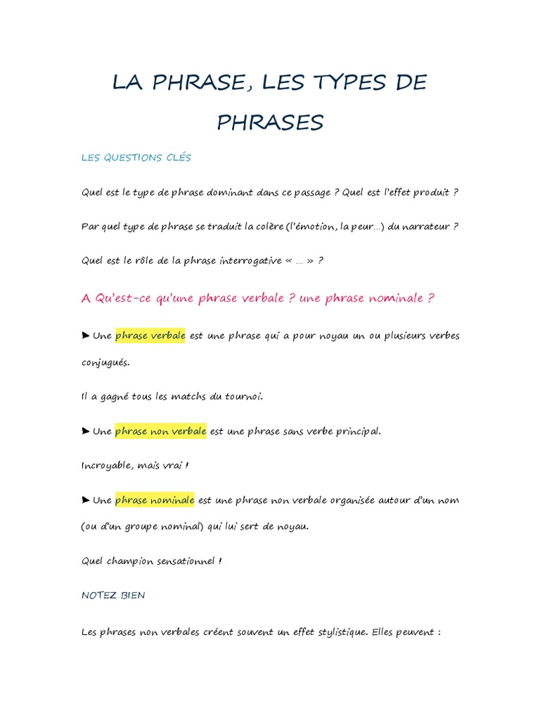 Exercice Phrase Verbale Et Nominale La Phrase, Les Types de Phrases | PDF | Phrase | Question