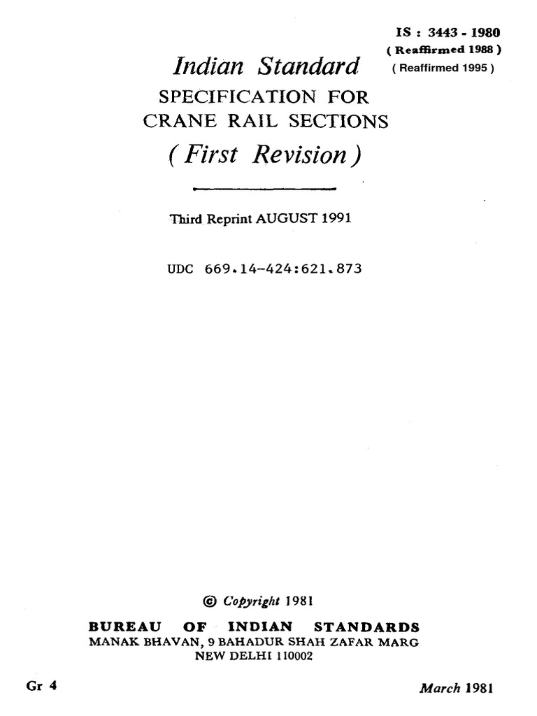 IS 3443-1980-Crane Rail Sections PDF | PDF | Ultimate Tensile Strength ...