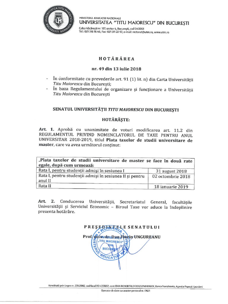 Hotarare Senat Utm 49 13 07 2018 Pdf