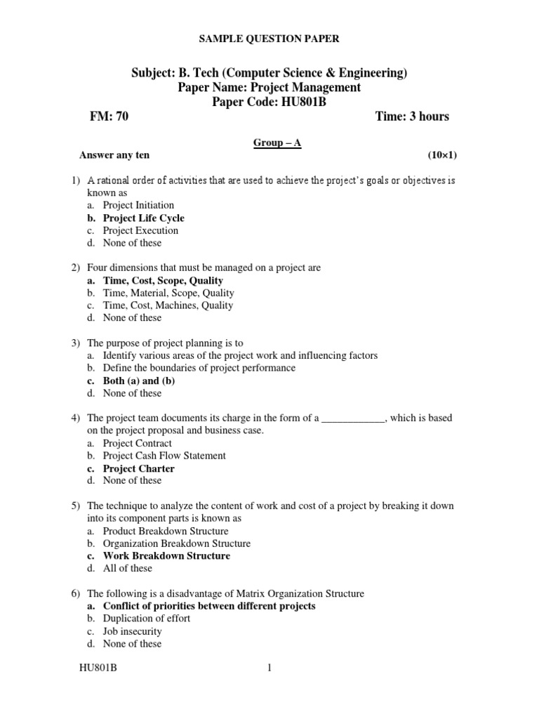 B.Tech Project Management Exam Paper | PDF | Project Management | Net ...