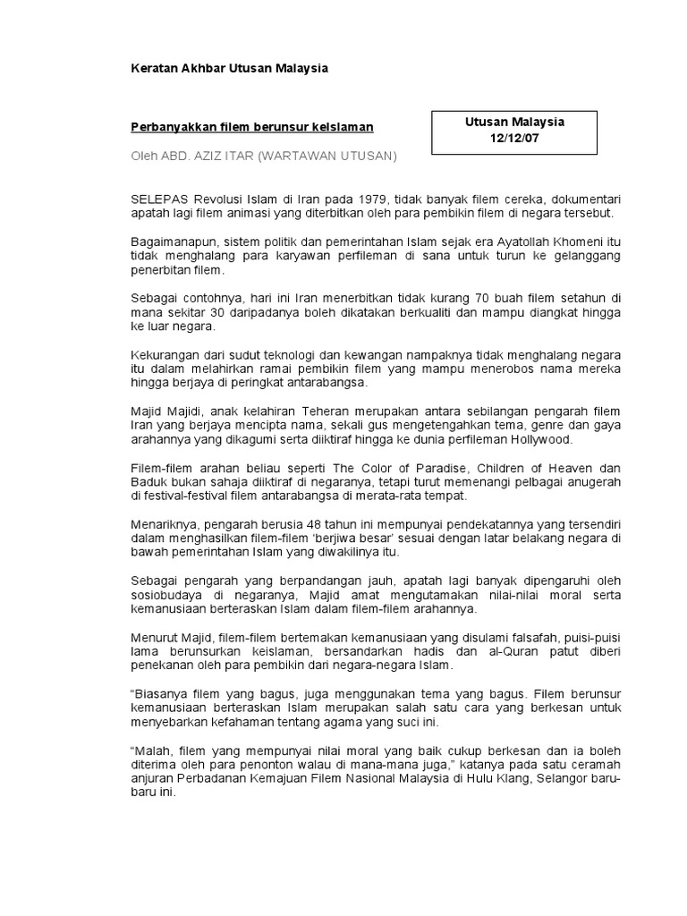 Keratan Akhbar Utusan Malaysia Lampiran