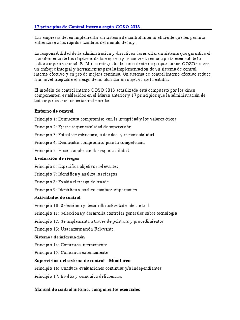 17 Principios de Control Interno COSO 2013 | PDF | Sistema | Presupuesto
