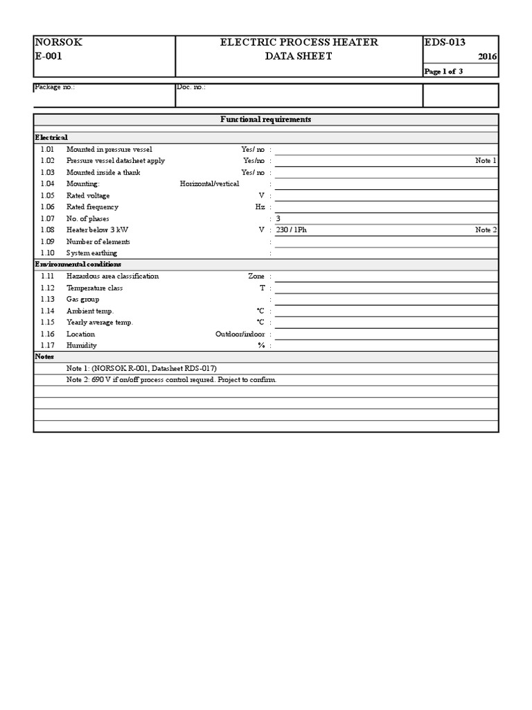 Norsok Electric Process Heater EDS013 E001 Data Sheet Page 1 of 3
