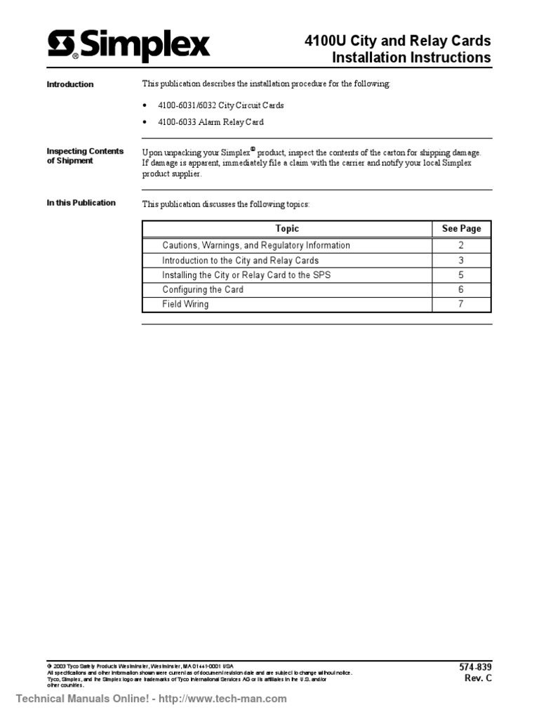 Simplex4100U City Relay Card Installation Manual Rev C1 PDF Relay