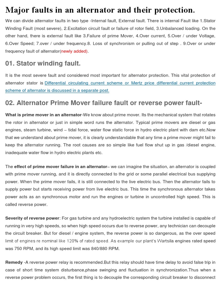 Major Faults in An Alternator and Their Protection PDF Electric