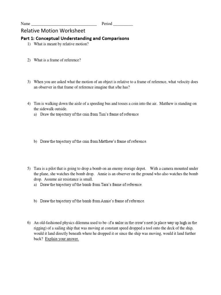 11th Relative Motion Worksheet 2 Pdf Trajectory Motion Physics