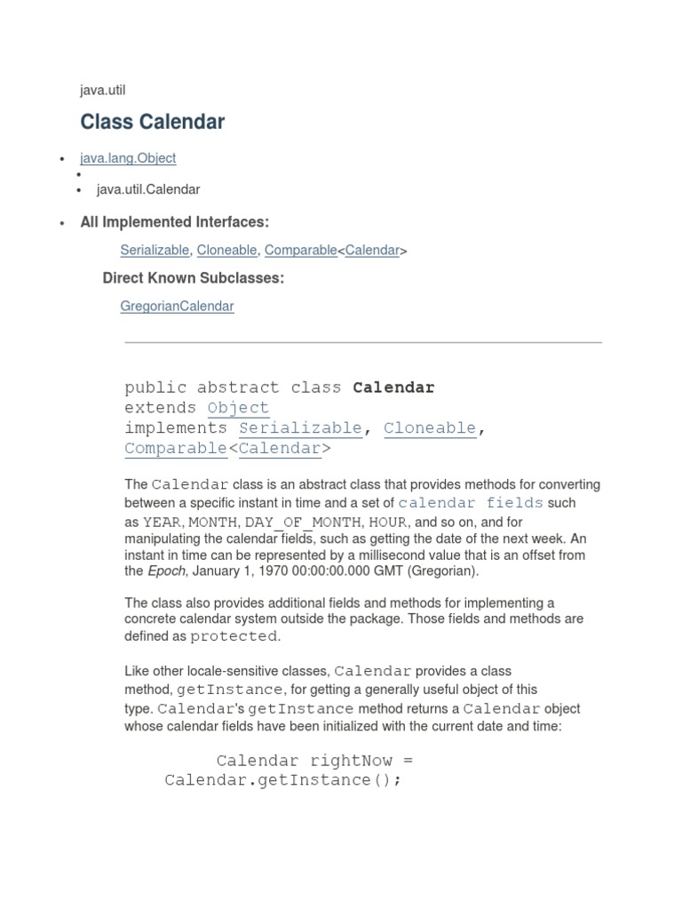 Java Calendar Tutorial PDF Class Programming) Method