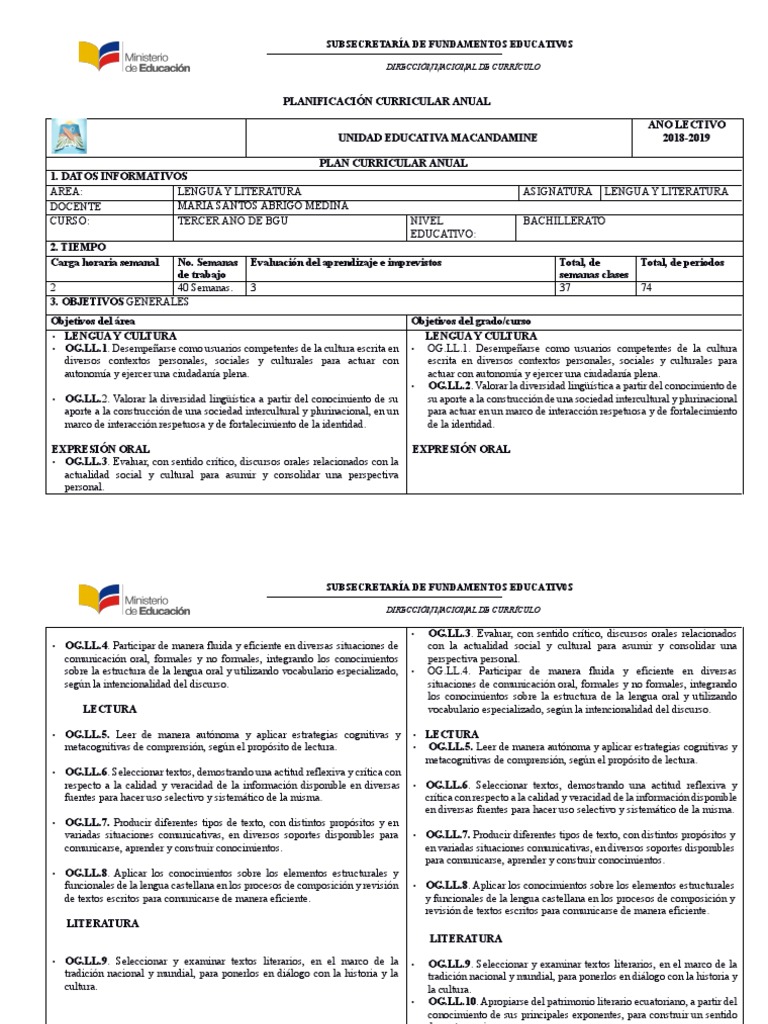 Plan Curricular Anual Lengua y Literatura 3 BGU | PDF | Plan de ...