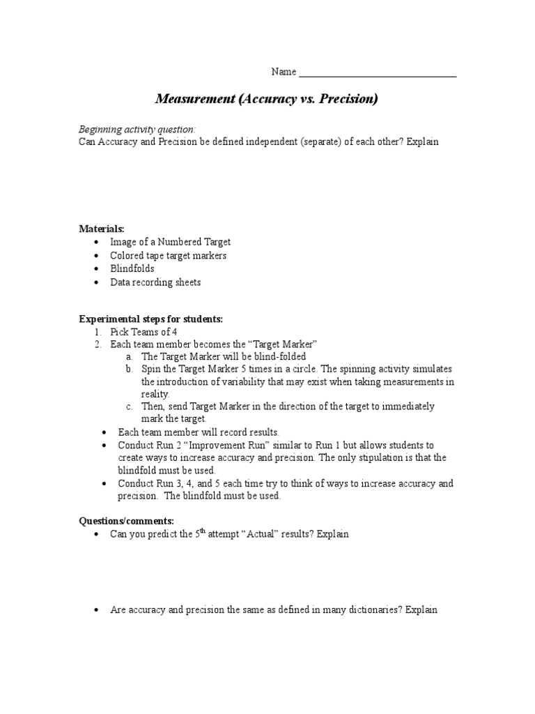Accuracy vs. Precision Activity Guide | PDF | Teaching Methods ...