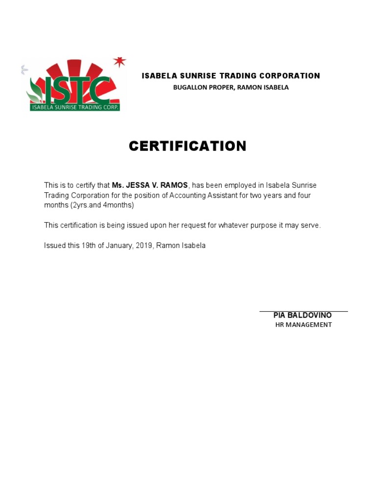Certification: Bugallon Proper, Ramon Isabela | PDF