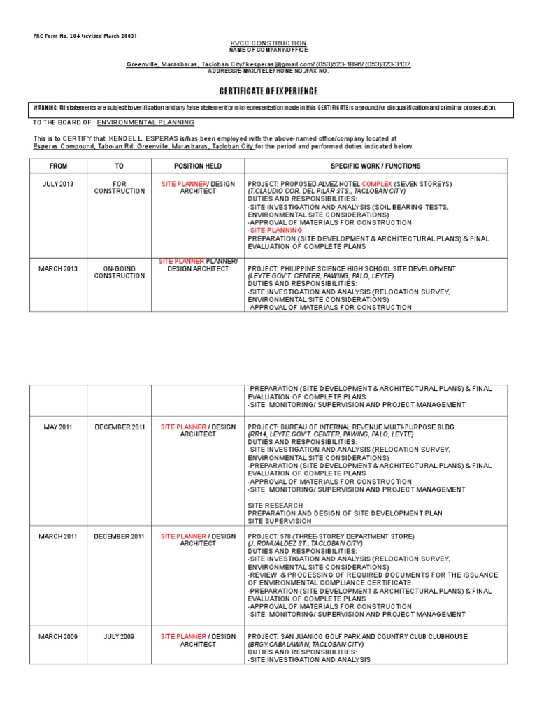 Sample PRC Form | Download Free PDF | Architect | Engineering
