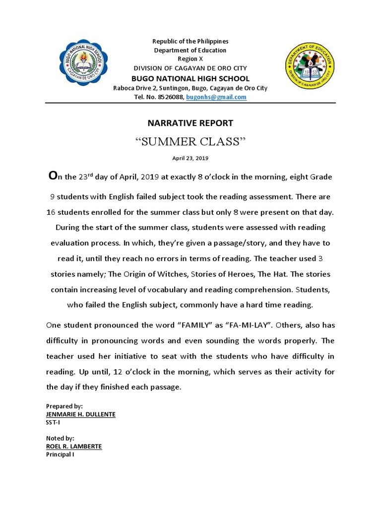 Narrative Report For Summer Class | Reading Comprehension | Teachers