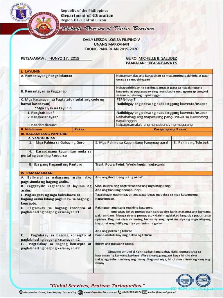 DLL Filipino 5 Q1-W3-Day 1 | PDF