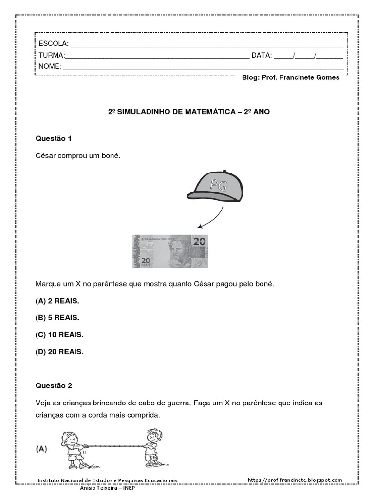 Simulado 01 (SAEB) Matemática - 2º Ano, PDF