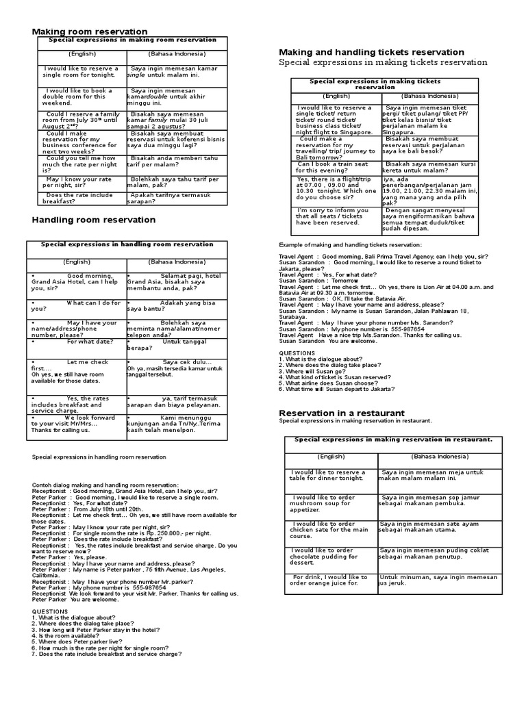Room Reservation Expressions Guide | PDF | Travel Agency | Food And Drink