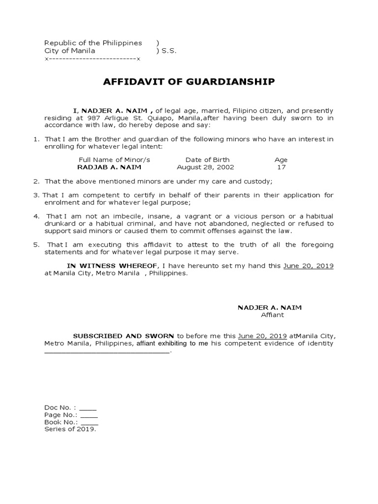 Affidavit of Guardianship Sample | PDF | Politics