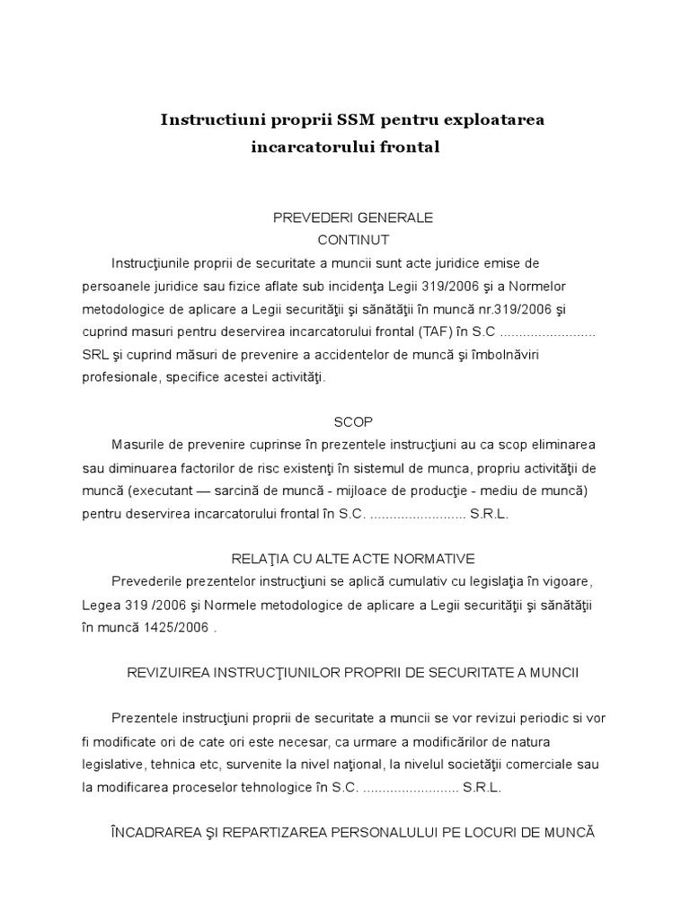 Instructiuni Proprii SSM Pentru Exploatarea Incarcatorului Frontal | PDF