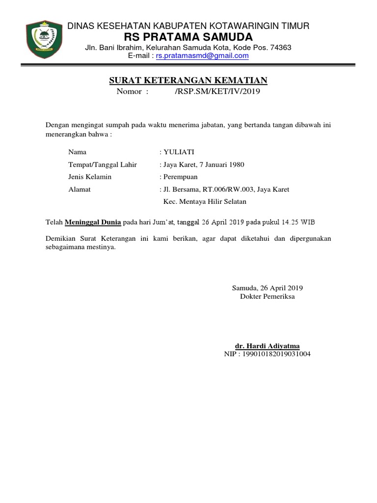 Contoh Surat Keterangan Kematian